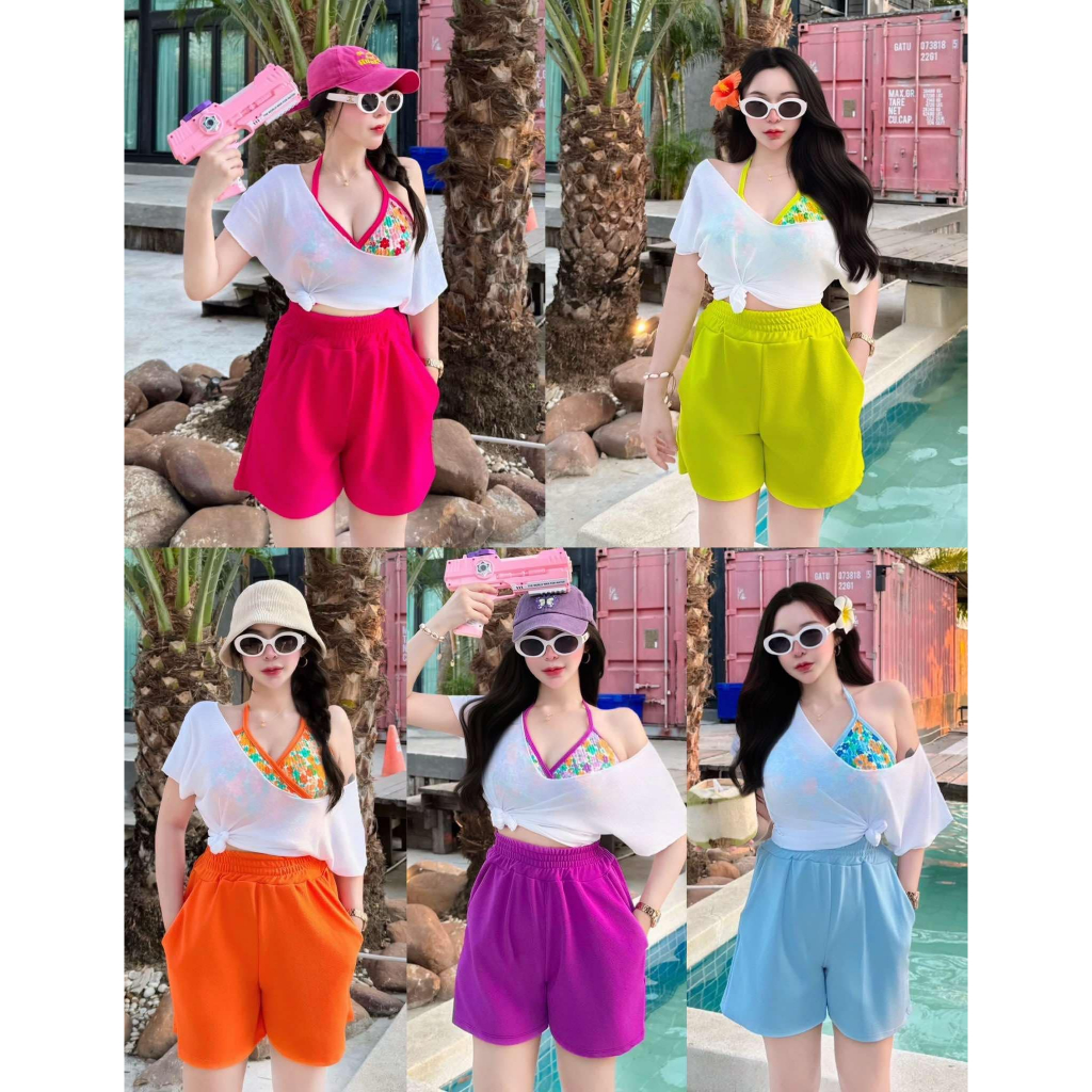 OT ชุดเซ็ต 3 ชิ้น บราคล้องคอไขว้หลังลายดอกไม้ + เสื้อคลุมผ้าสลาฟ + กางเกงขาสั้นผ้าผ้าวูลเวฟมีกระเป๋า