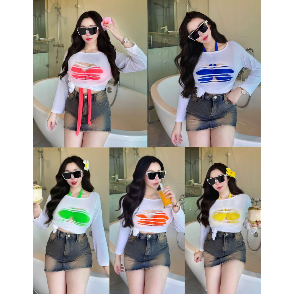 ชุดใส่เล่นน้ำสงกรานต์ OT ชุดเซ็ต 3 ชิ้น บราเกาะอกมีฟองน้ำ+ผ้าผูกคอ ไหมอิตาลี + เสื้อแขนยาวแต่งขาดผ้า