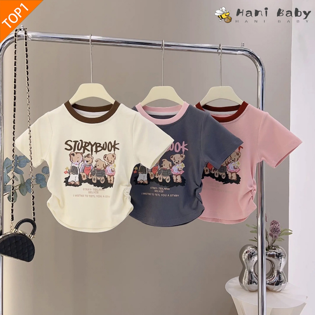 เสื้อครอปเด้ก เสื้อยืดเด็กหญิง น่ารัก ลายหมี ทำขอบสี ผ้ายืดได้ ใส่สบายไซส์90-130