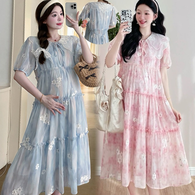 ชุดคลุมท้องแฟชั่นเกาหลีสีฟ้าลายปักดอกไม้ พร้อมส่ง