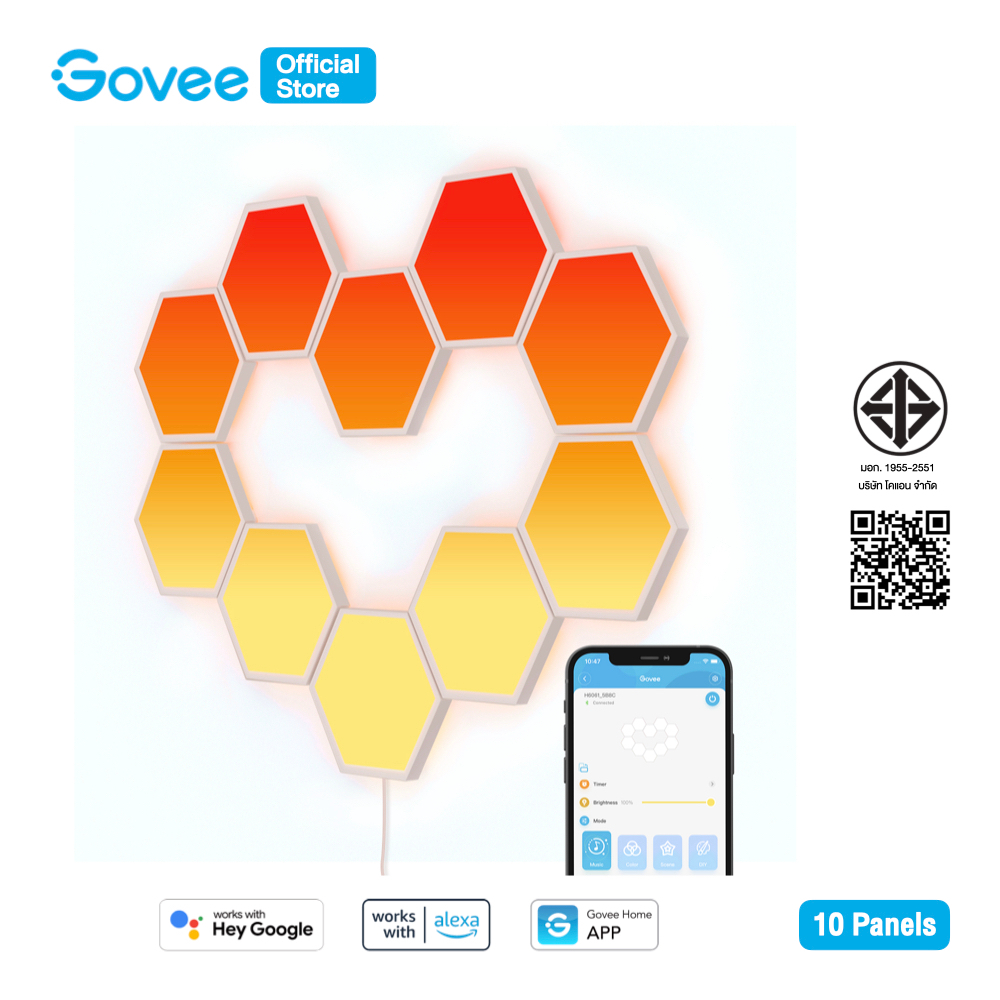 Govee Glide Hexa Light Panels 10 Pack ไฟหกเหลี่ยม LED 10 แผง RGBIC สำหรับตกแต่งผนัง Sync เพลง/ภาพ ควบคุมผ่านแอป