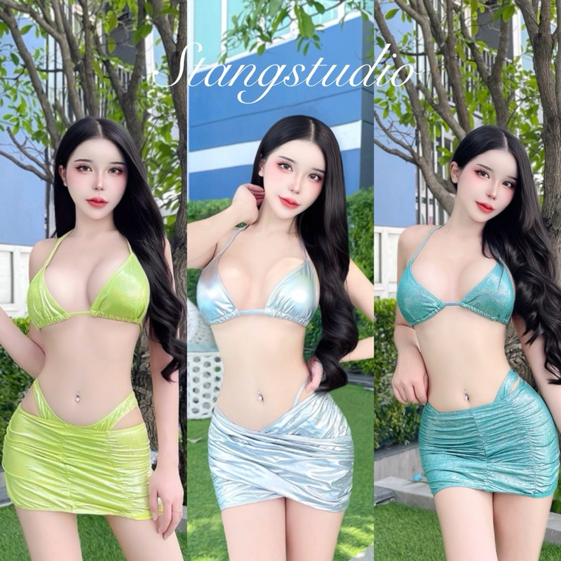 ชุดว่ายน้ำ ผ้าหนัง 3 ชิ้น bikini + กระโปรงสั้น ผ้าหนังเงา