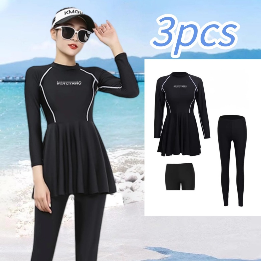 🏄‍HOT🏄‍ชุดว่ายน้ําผู้หญิง 3ชิ้น ชุดว่ายน้ำแขนยาว กันUV ผ้าแห้งเร็ว เป็นยางยืด ใส่เที่ยวทะเลหรืออยู่บ้านชิลๆ