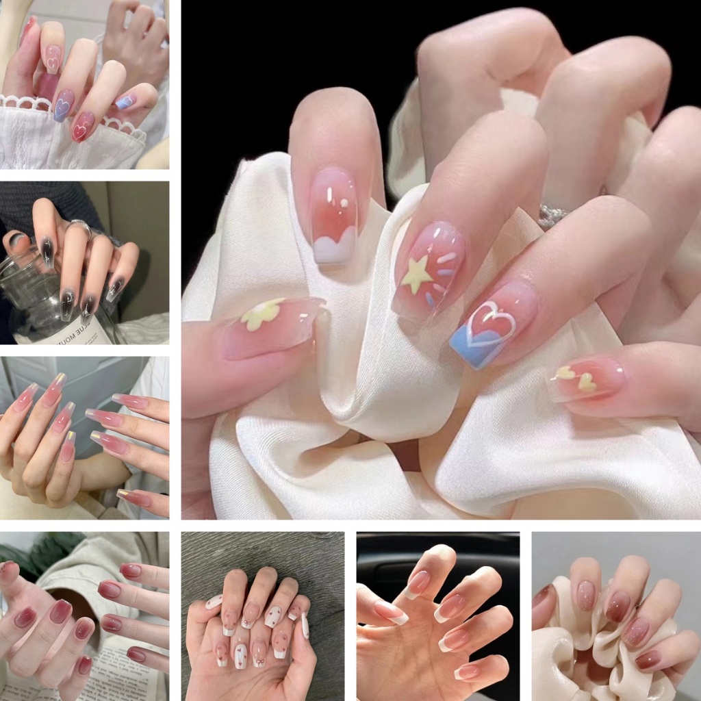 พร้อมส่ง เล็บเจลปลอม เล็บปลอม แบบยาว พร้อมกาวเจลลี่ สไตล์ฝรั่งเศส มี 24 ชิ้น