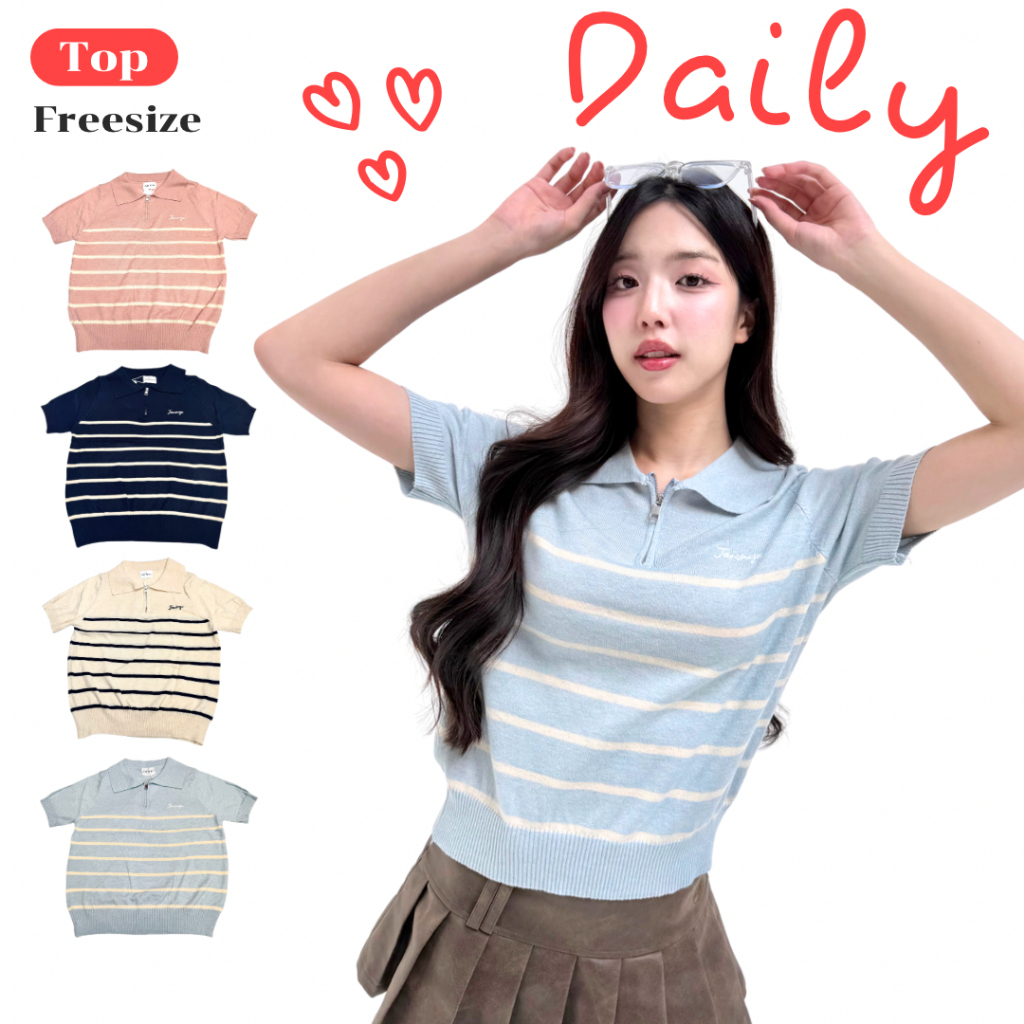 JARINYA เสื้อไหมพรมคอปกลายทาง ปัก jarinya (T896)