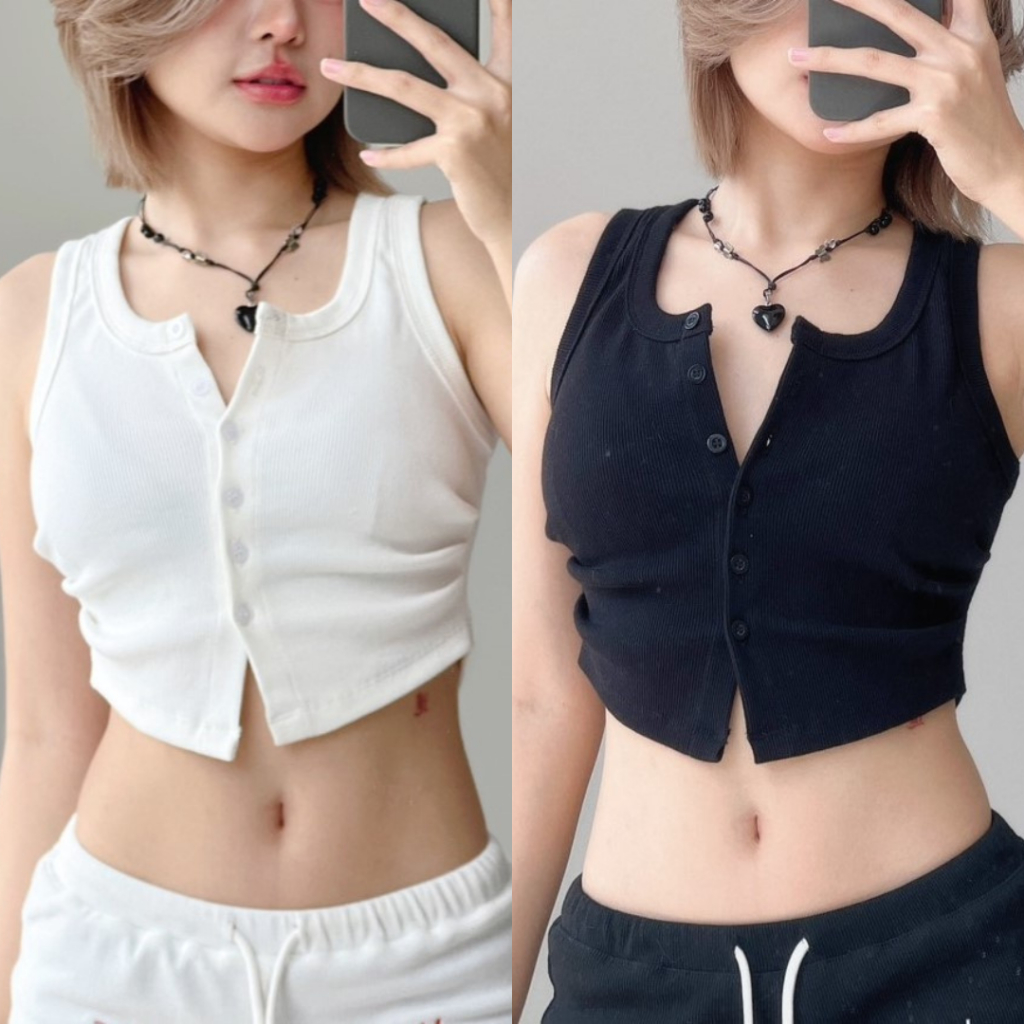 WARM WEARS - mira crop top เสื้อกล้ามกระดุม จีบเอว