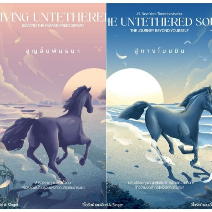 2 ปกหนังสือของMichael A. Singer"สู่ทางโบยบิน (The Untethered Soul)"  และ "สูญสิ้นพันธนา (Living Untethered)"