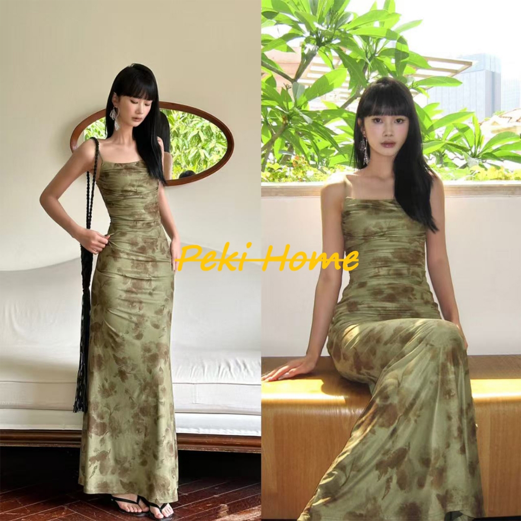 ชุดเดรสผ้าตาข่ายลายดอกไม้สีเขียว สไตล์จีน เอวสูง ทรงปลาเงือก