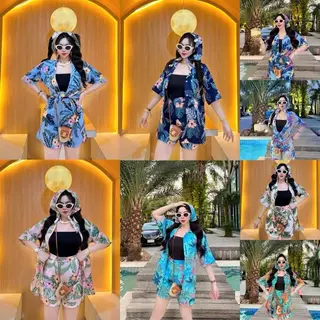 R21ชุดเซ็ตฮาวายผ้าพิมพ์ลายดอกไม้สวยๆ(ได้4ชิ้น) เสื้อเชิ้ต+กางเกงขาสั้น+ซับใน+ผ้าโพกหัว  ผ้าไหมอิตาลี พิมพ์ลาย