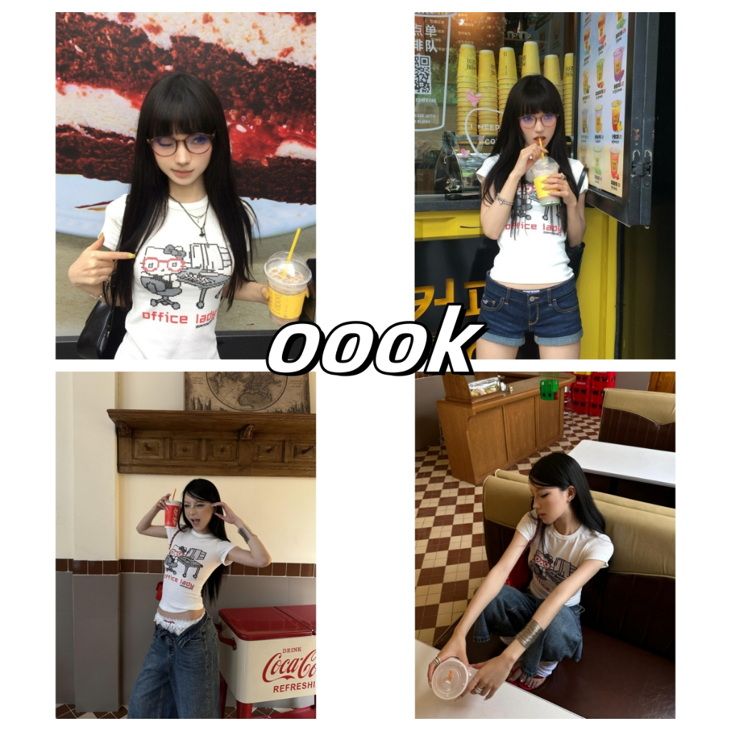 (จัดส่งตลอด 24 ชั่วโมง）OOOK Official เสื้อยืดผ้าฝ้ายสั้นแขน สีขาวแบบรีโทร อเมริกัน พิมพ์รูป pixel kitty T18