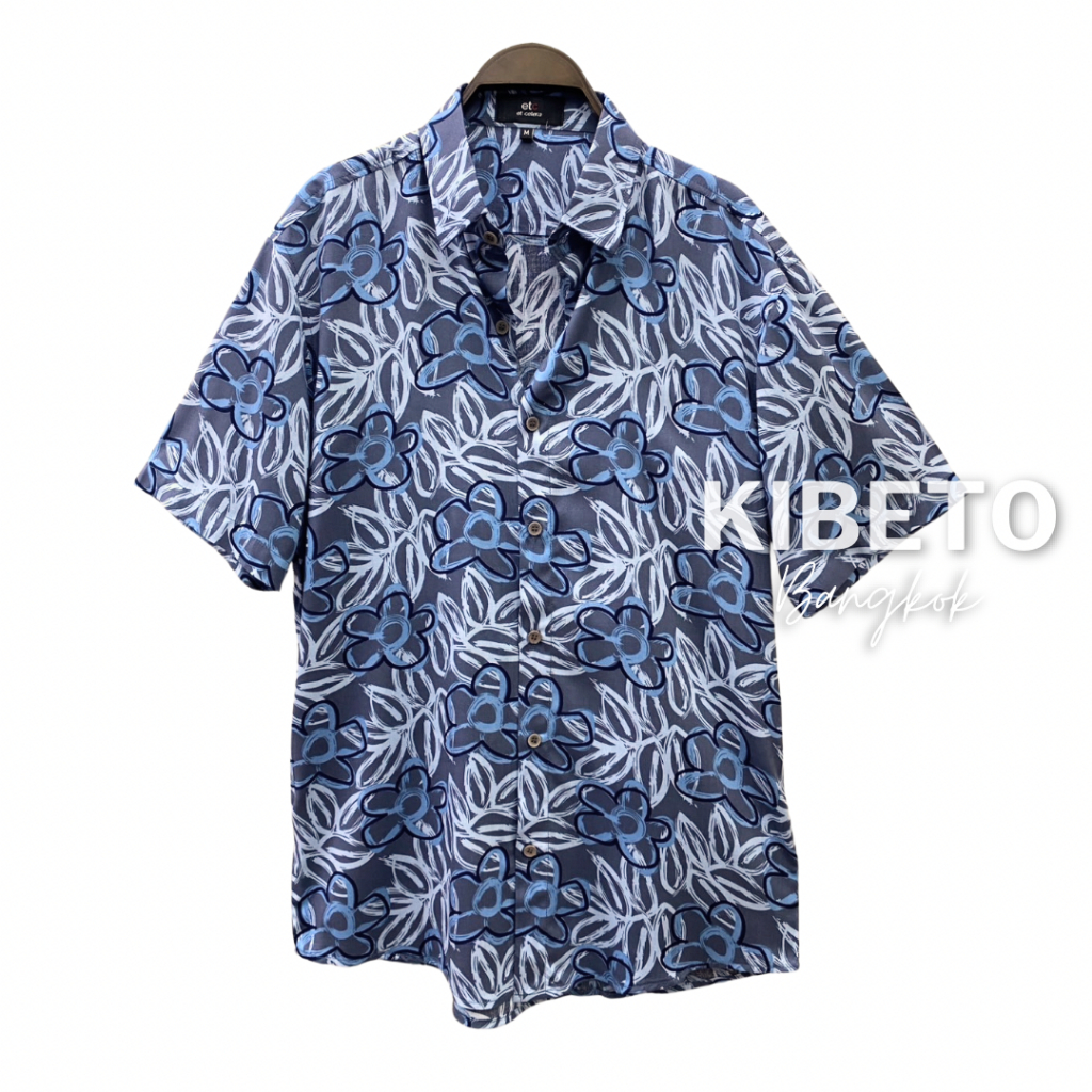 Kibeto เสื้อฮาวาย ลายดอกไม้การ์ตูน สีเทา ผ้าสปันเรยอน เนื้อนิ่ม ใส่สบาย M L XL 2XL 3XL