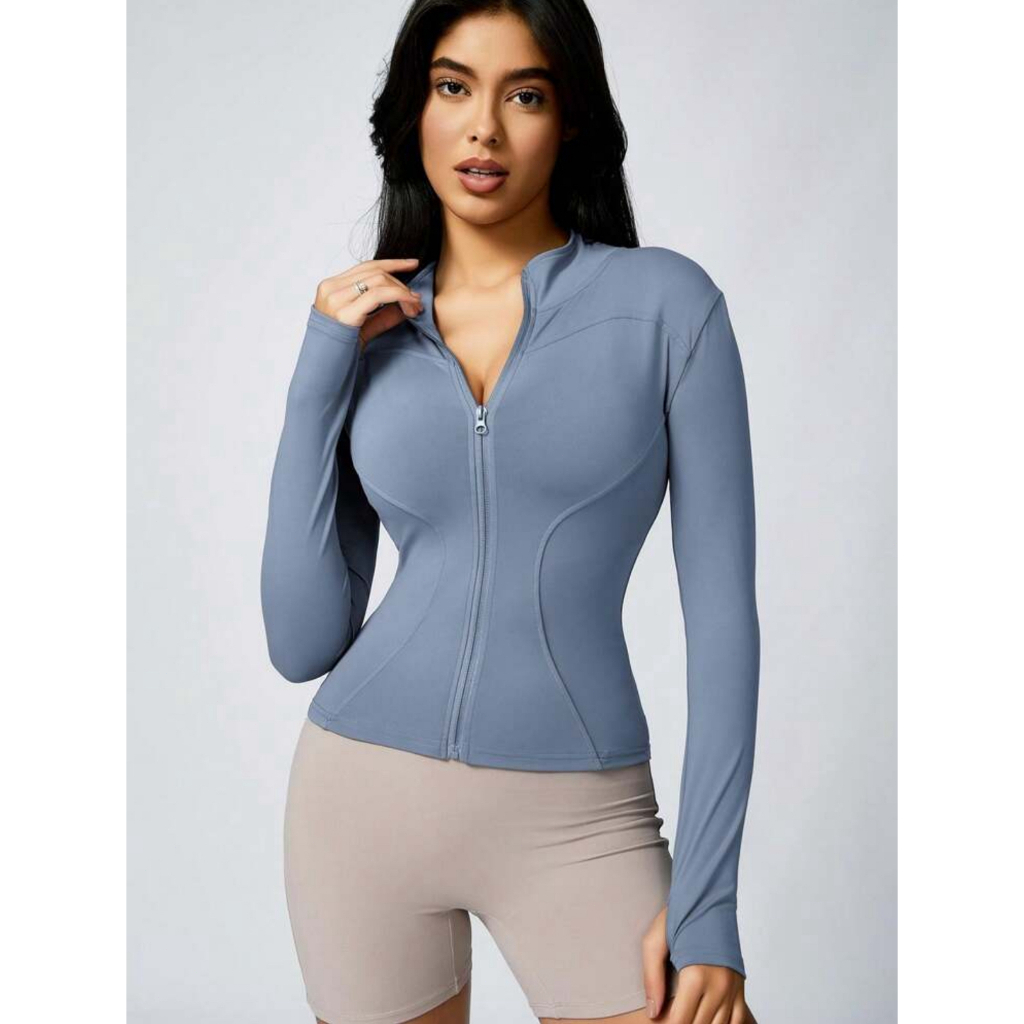 🔥【เตรียมส่ง】🔥(Yoga)ผู้หญิงสีทึบรูนิ้วหัวแม่มือแขนยาวกีฬาซิปแน่นกระชับสลิมมิ่งแจ็คเก็ตโยคะกีฬาแจ็คเก็ต - รูปที่ 7