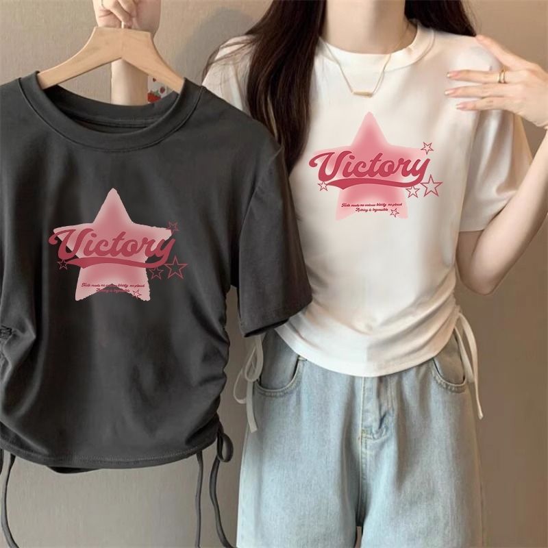 KKS พร้อมส่ง เสื้อยืด คอกลม แขนสั้น y2k สไตล์เกาหลี สําหรับผู้หญิง นุ่มมาก ใส่สบาย