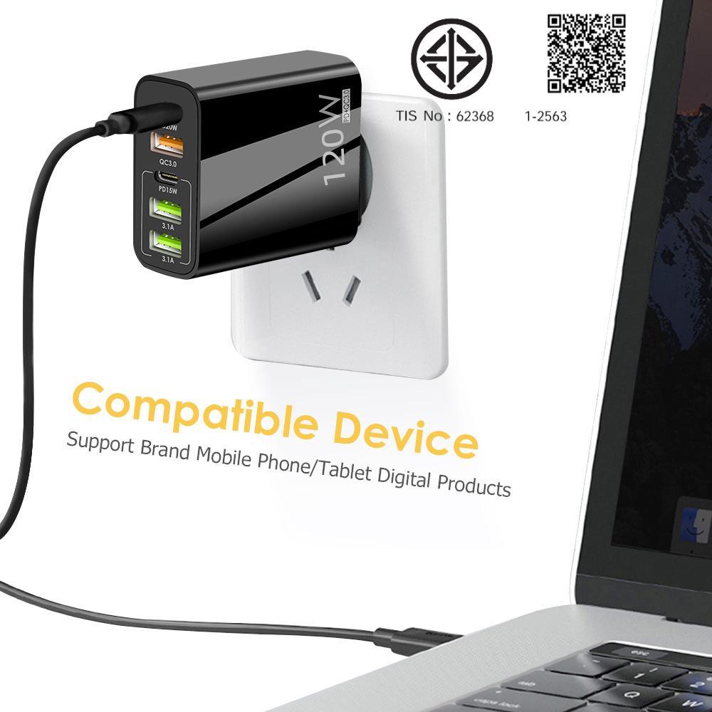 PD ชาร์จด่วน 3.0 อะแดปเตอร์โทรศัพท์ US 3USB + Type-C หัวชาร์จ 30W PD ที่ชาร์จโทรศัพท์มือถืออเนกประสงค์แบบหลายพอร์ต 120W ราคา ถูกที่สุด ดีลบีเคเค แกลเลอรีภาพที่ 7
