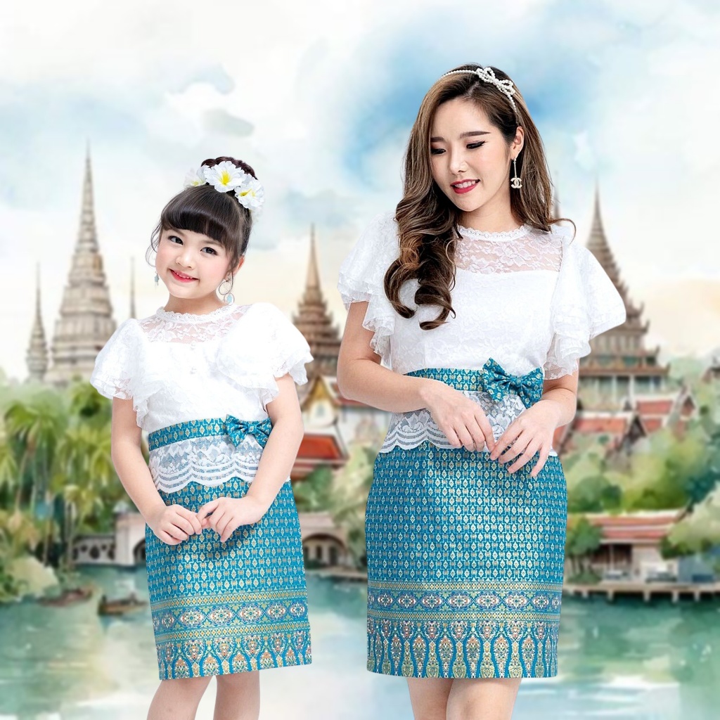 ชุดแม่ลูก ชุดไทยประยุกต์ ทำบุญ เดรสลูกไม้ ผ้าไทย เดรสชุดไทย ผู้หญิง เด็กหญิง ชุดครอบครัว Mae-Mali