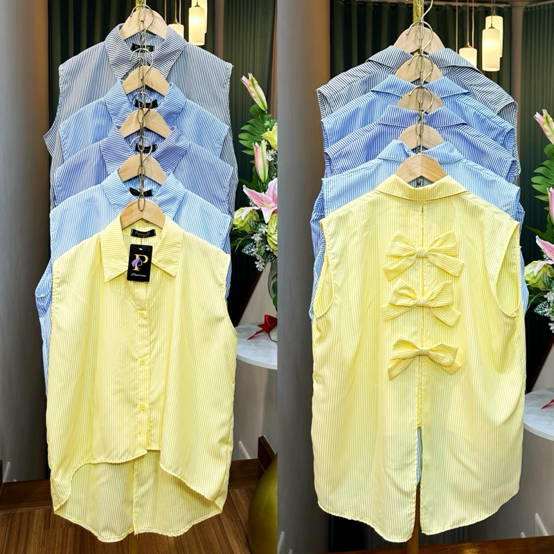 เสื้อเชิ้ตแขนกุด คอปก (โบว์หลัง) 🎀 หน้าสั้น หลังยาว **มีลายริ้วกับสีพื้น