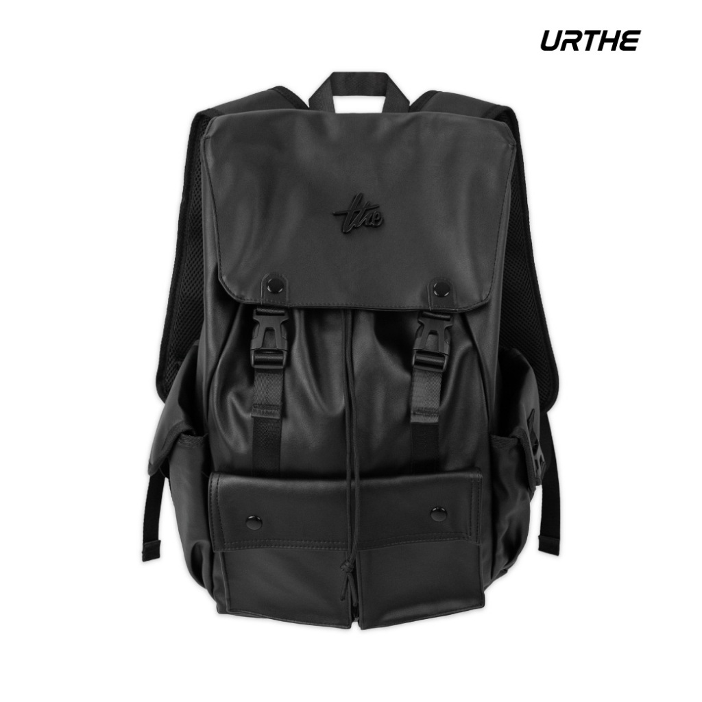 URTHE - กระเป๋าเป้ แบ็คแพ็ค หนังPU รุ่น RORDOR BLACK PU BACKPACK
