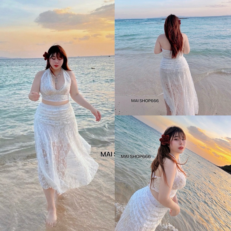 Chubby Supi - ชุดเซ็ท เสื้อคล้องคอ + กระโปรง ผ้าลูกไม้ (mai) ชุดไปทะเลสาวอวบ
