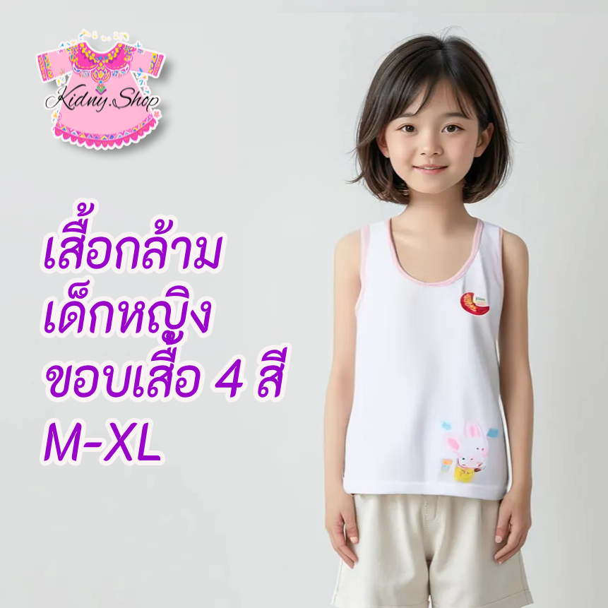 4 ตัว / 4 สี เสื้อทับใน เสื้อซับใน เด็กผู้หญิง ทรงกล้าม สีขาว ขอบสี 4-6 ปี เนื้อผ้าเบา มีลายสกรีนการ์ตูน