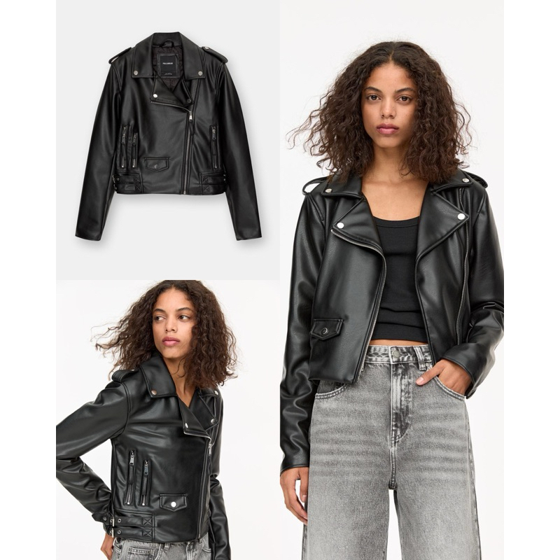 (ของแท้💯) Pull&Bear leather effect biker jacket แจ็คเก๊ทหนังสีดำ