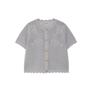 เสื้อแขนสั้นผ้านิตถักลายดอกกุหลาบ กระดุมหน้า Rush Official K…