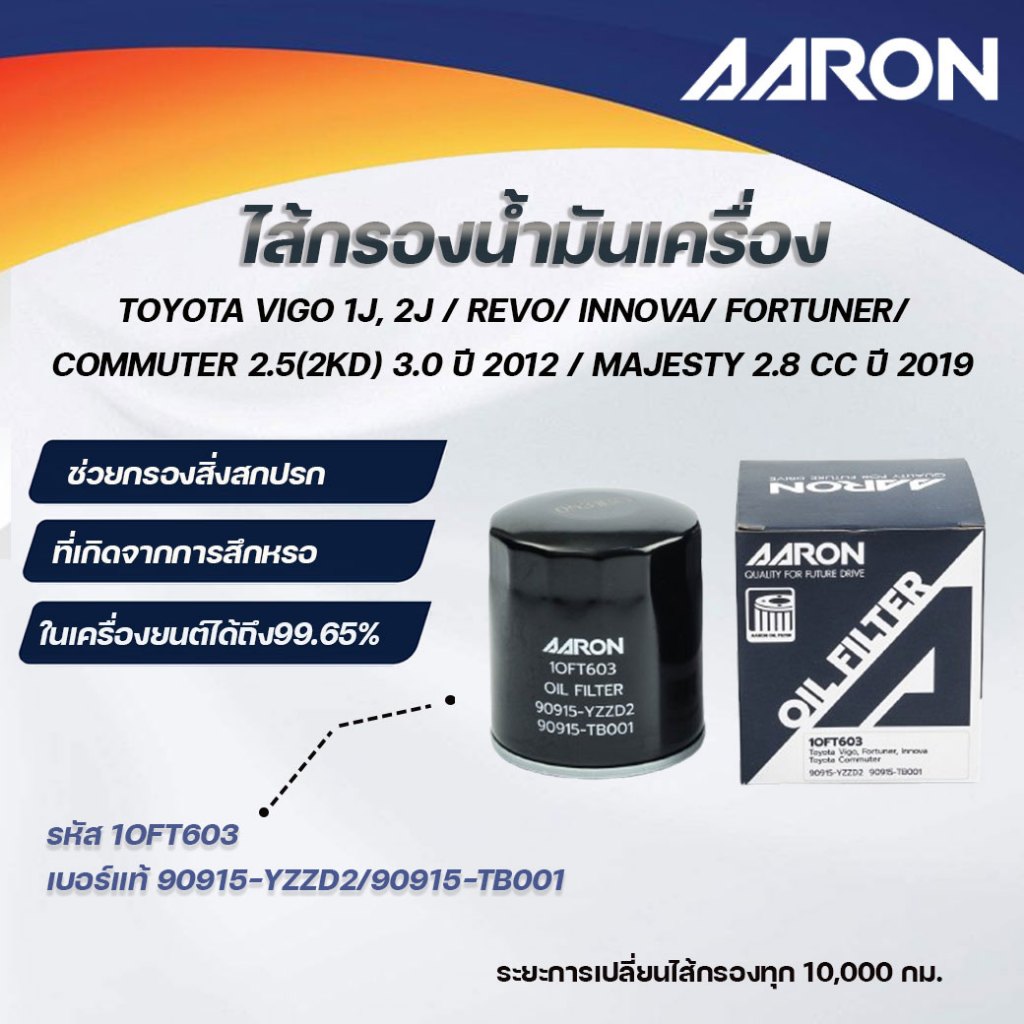 AARON ไส้กรองน้ำมันเครื่อง TOYOTA VIGO 1J, 2J/REVO/INNOVA/FORTUNER/COMMUTER 2.5 (2KD) 3.0 (1ชิ้น)