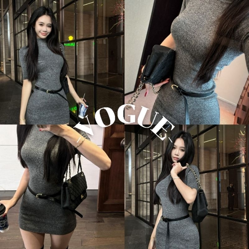 Vogue🌟พร้อมส่ง🌟 มินิเดรสไหมพรม แขนสั้น ทรงรัดตัว แถมเข็มขัด (31087)