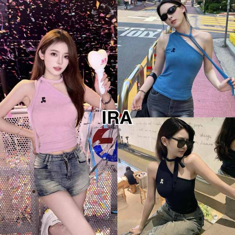 BY IRA 🎀พร้อมส่ง🎀 (368) เสื้อครอปคอปกเฉียงผูกเชือกสไตล์เกาหลีเสื้อกั๊กถักผู้หญิง