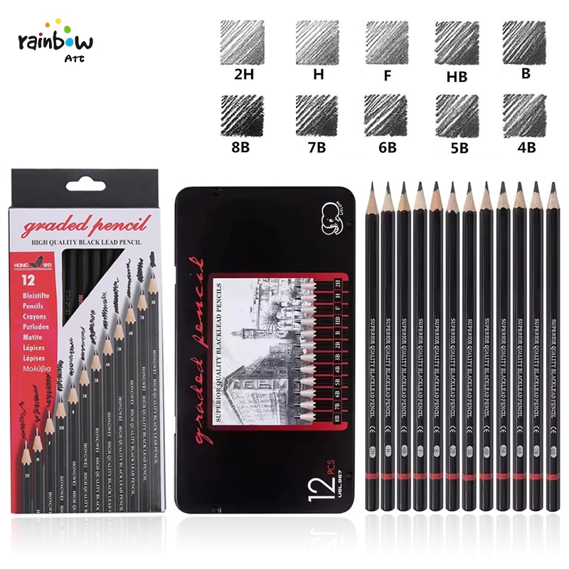 ดินสอ 12ชิ้น 2H-8B ชุดดินสอสเก็ตภาพ แกนปากกากราไฟท์ ดินสอไม้ ดินสอสเก็ตช์มืออาชีพ กล่องโลหะ การเขียนประจำวัน