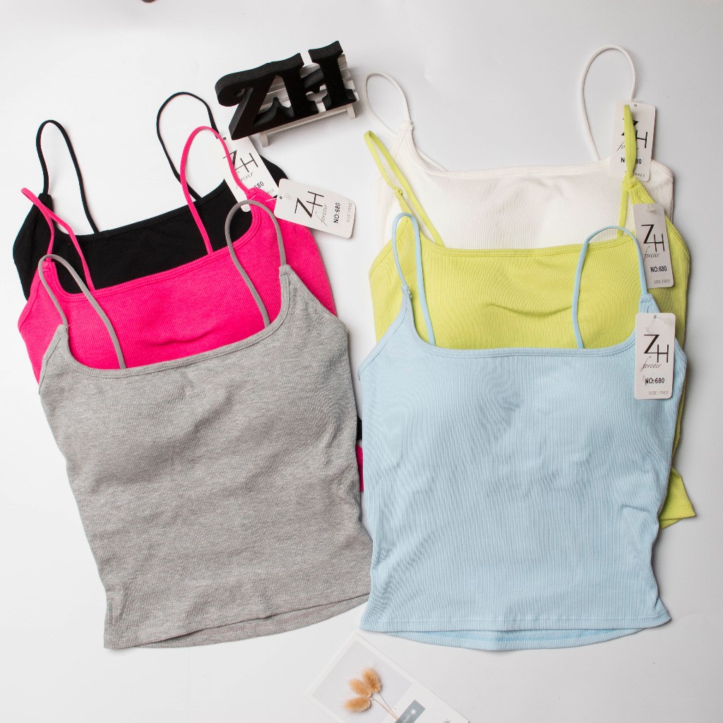 ZH.680เสื้อสายเดี่ยวสีพื้นฟองน้ำในตัว เสื้อครอปโชว์หลังเซ็กซี่สไตล์เกาหลี