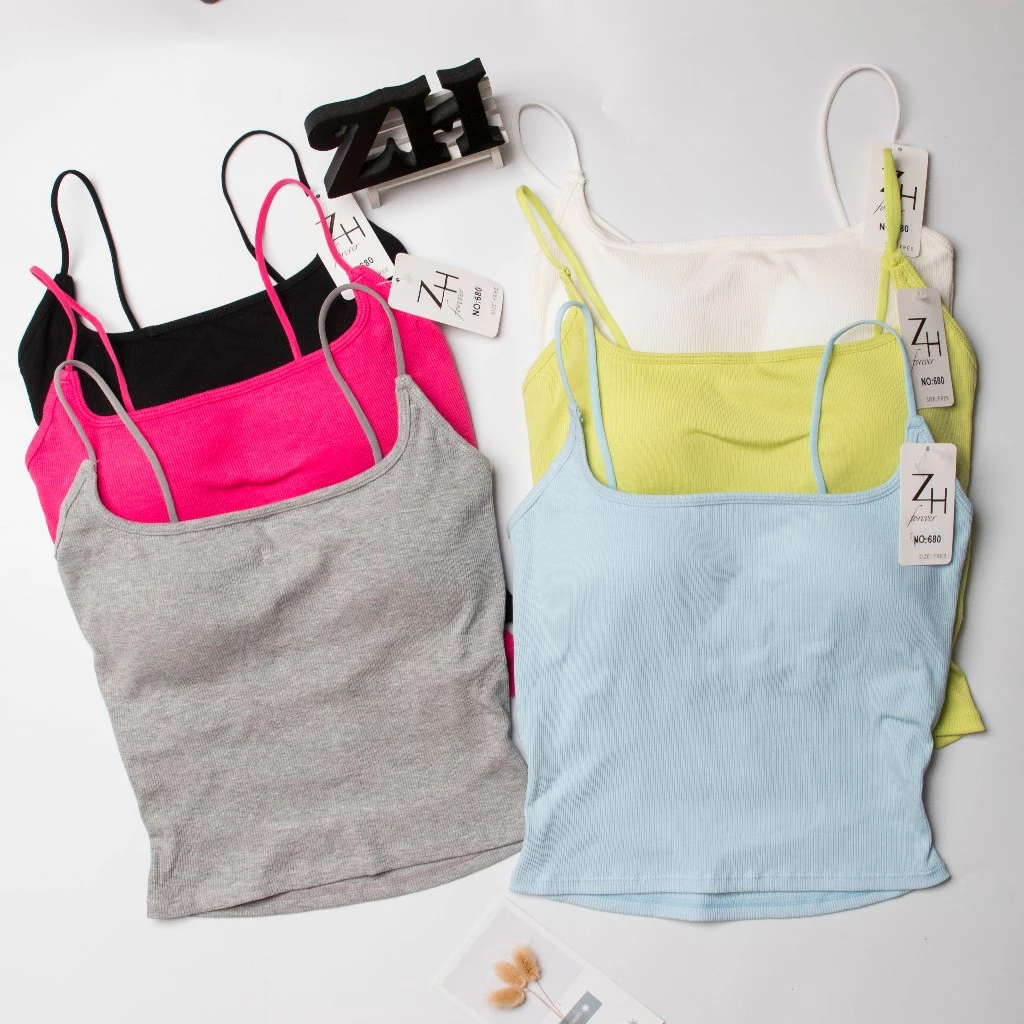 ZH.680เสื้อสายเดี่ยวสีพื้นฟองน้ำในตัว เสื้อครอปโชว์หลังเซ็กซี่สไตล์เกาหลี