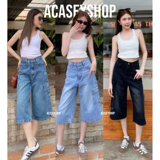 Acasey กางเกงยีนส์ผู้หญิง 7ส่วน คาร์โก้ เอวสูง เก็บพุง เก็บสะโพก Big Size ไซส์ S - 5XL