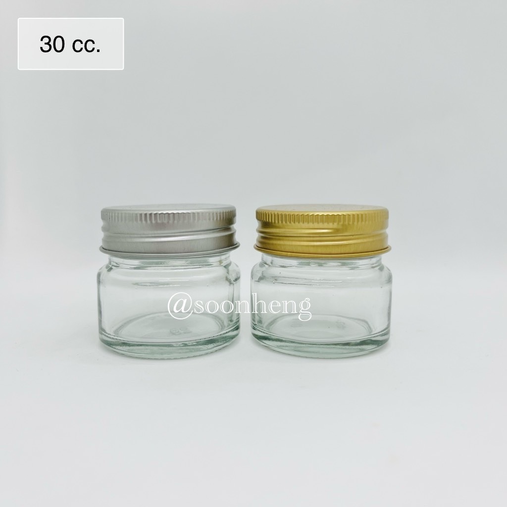 (910SR) กระปุกแก้ว 30 cc กลม ปากเกลียว พร้อมฝาเหล็กสกรูเกลียว