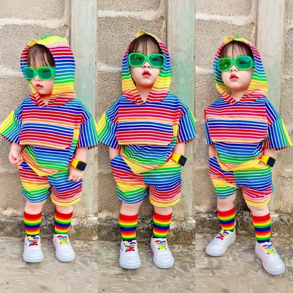 ชุดฮู้ดกางเกงสีรุ้งสีสดใส ชุดเด็กใส่ไปเที่ยวสงกรานต์ ชุดเด็กสีเยอะๆ ผ้าใหมอิตาลีพร้อมส่ง