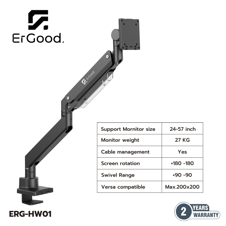 แขนจับจอคอม ERG-HW01 สำหรับจอขนาด 24-57 นิ้ว รับน้ำหนัก 27 kg ปรับระดับได้ USB Type A+C แข็งแรงพิเศษ