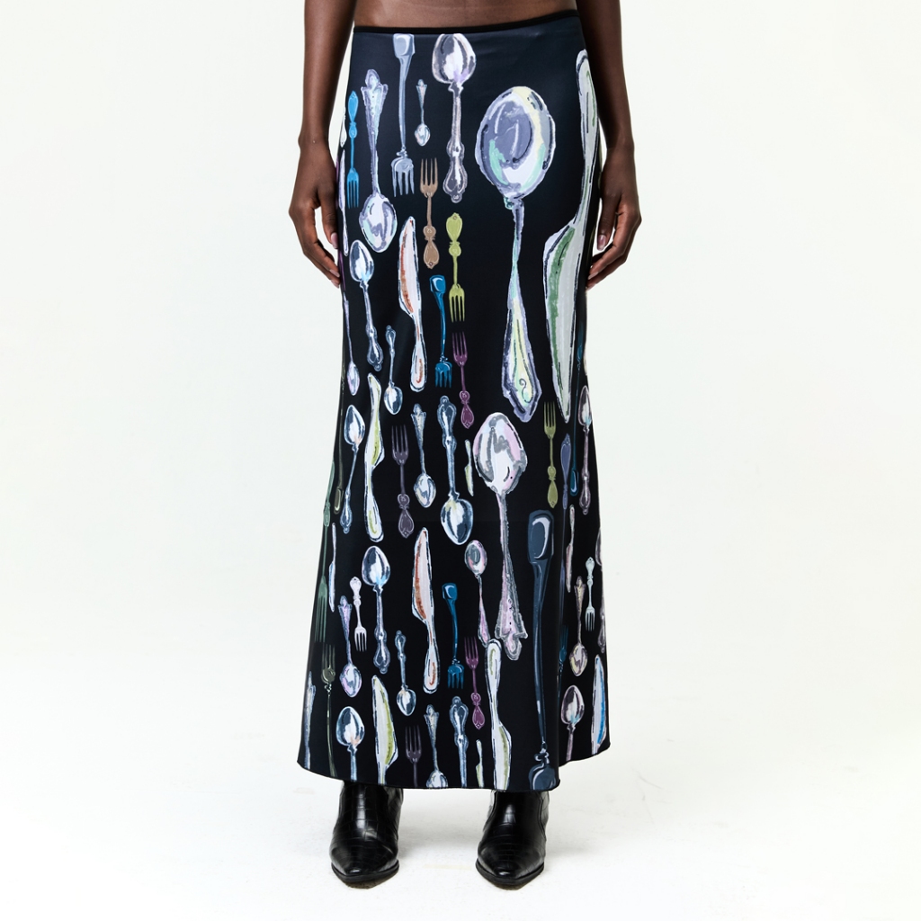 BLACKDOG BKK - SS2513 - Tableware printed skirt - กระโปรงผ้ายืดพิมพ์ลาย