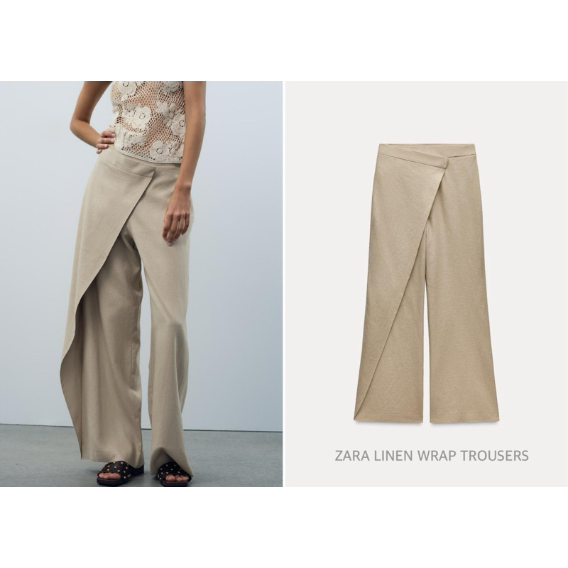 ZARA กางเกงขายาว เอวสูง แบบป้ายด้านหน้า LINEN WRAP TROUSERS (B3703)
