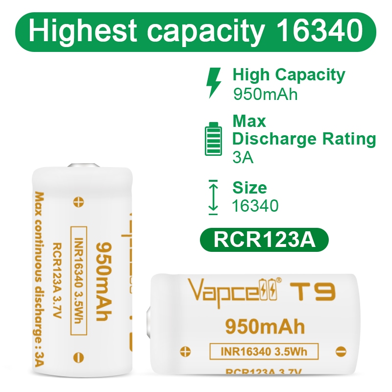 Vapcell ถ่านชาร์จ T9 16340 RCR123A 950mAh 3.7V แบตเตอรี่ลิเธียม ใช้กับไฟฉาย/กล้อง/ของเล่น