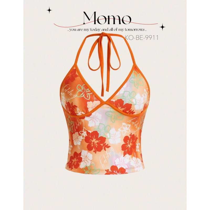 รุ่น Momo 🍑 เสิ้อคล้องคอลายดอกชบาสีส้ม เสื้อสงกรานต์ 🍑 พร้อมส่งจากไทย 🇹🇭