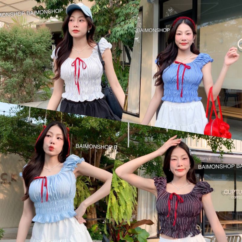 💰MahahengCloset💰เสื้อครอปแขนตุ๊กตา แต่งโบว์สุดคิ้วท์ สม็อครอบเอวกระชับทรง ใส่แล้วน่ารักมากๆ💖🎀