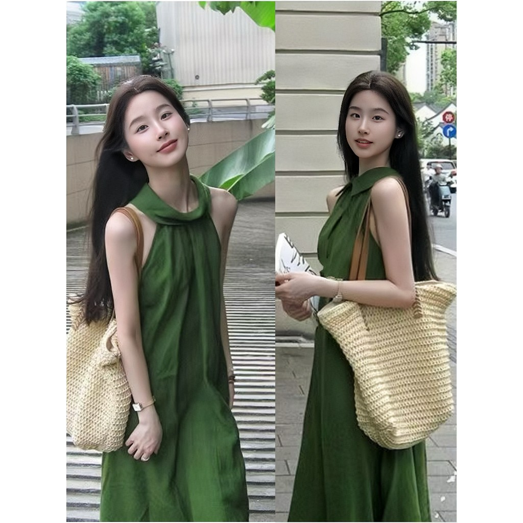 เดรสออกงาน ชุดเดรสยาว สีพื้น สไตล์ลำลอง ชุดเดรสสไตล์เกาหลีเรียบง่าย กระโปรงสายเดี่ยวทรงเอเปิดไหล่