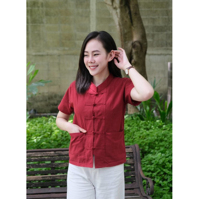 เสื้อคอจีนดระดุมสานขอดเสื้อผ้าฝ้ายฟอกนุ่มแต่งกระเป๋าหน้าซ้ รูปที่ 7