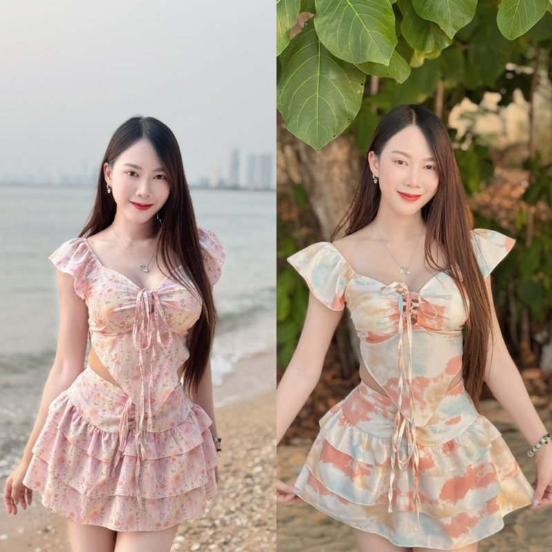 TANTANOD -รหัสPTY25 ชุดเซต เสื้อแขนระบายผูกหน้าเสริมฟองน้ำ กระโปรงกางเกงระบาย