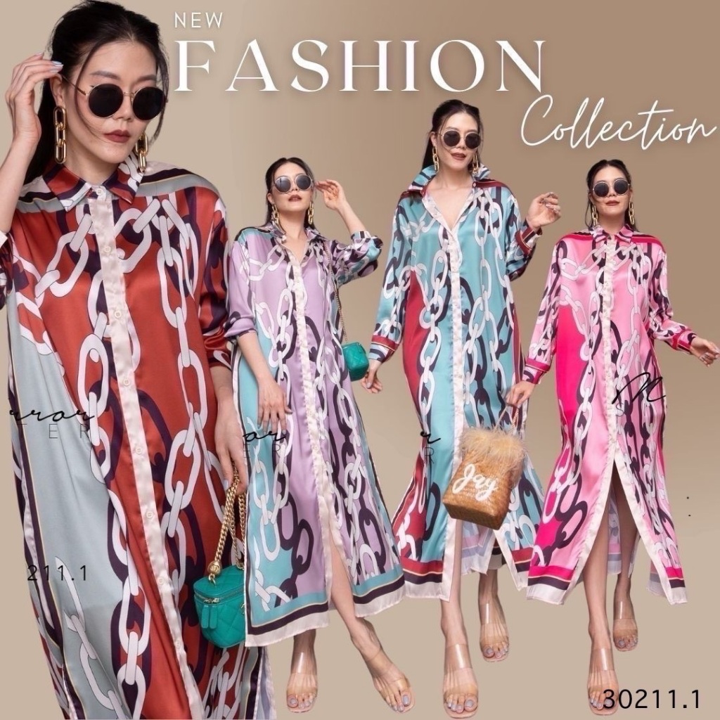 🔖Mirrorsister​ 30211.1 เดรสเชิ้ตตัวยาวลายโซ่ใหญ่ สีสันสวยงาม กระดุมหน้าเปิดปิดได้ตลอดตัว เนื้อผ้านุ่มลื่นใส่สบาย