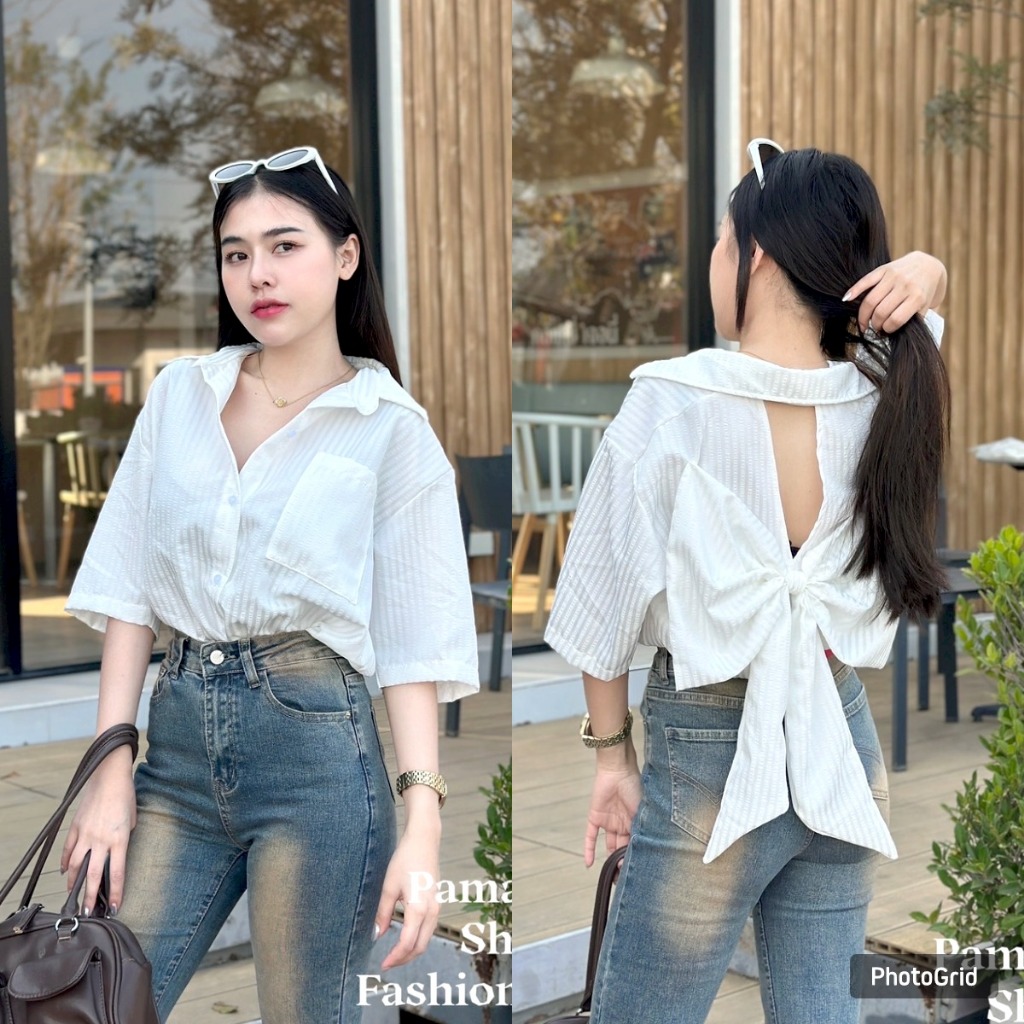 BEIIEW เสื้อเชิ้ตแขนสั้นลายริ้ว ทรงสวยมากๆ ดีเทลมีเว้าด้านหลังแต่งโบว์ใหญ่ เรียบหรู ดูแพงมากๆ ติดกระดุมจริงตามสีเสื้อสวย