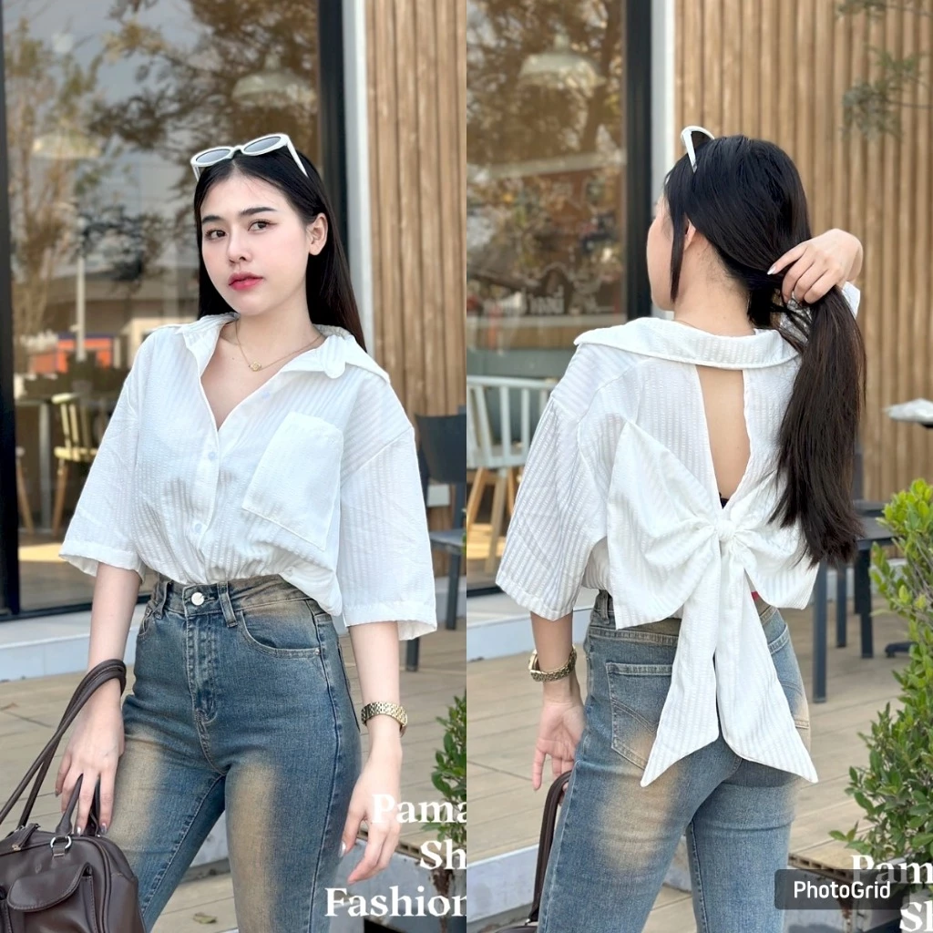 BEIIEW เสื้อเชิ้ตแขนสั้นลายริ้ว ทรงสวยมากๆ ดีเทลมีเว้าด้านหลังแต่งโบว์ใหญ่ เรียบหรู ดูแพงมากๆ ติดกระดุมจริงตามสีเสื้อสวย