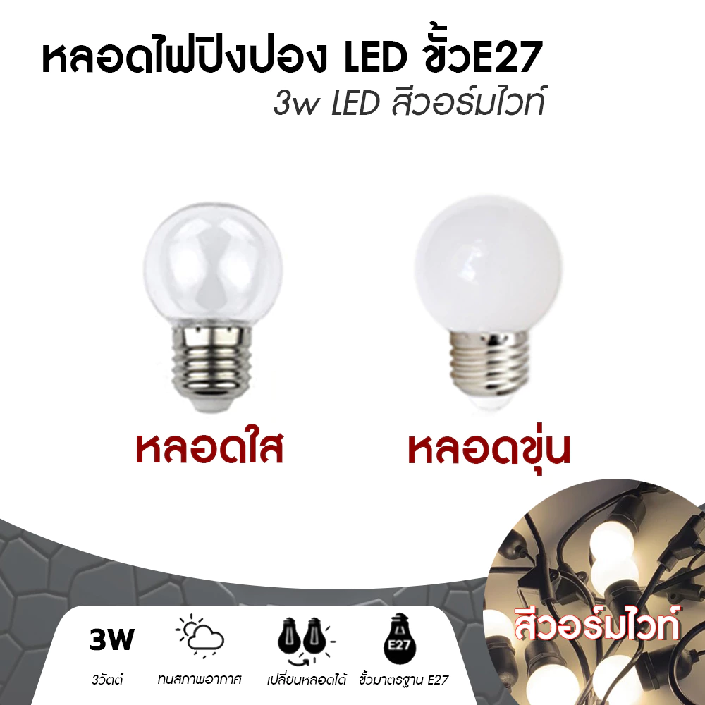 หลอดไฟ LED ขนาดเล็ก 3วัตต์ ขั้ว E27 สีวอร์มไวท์ หลอดใส/ขุ่น