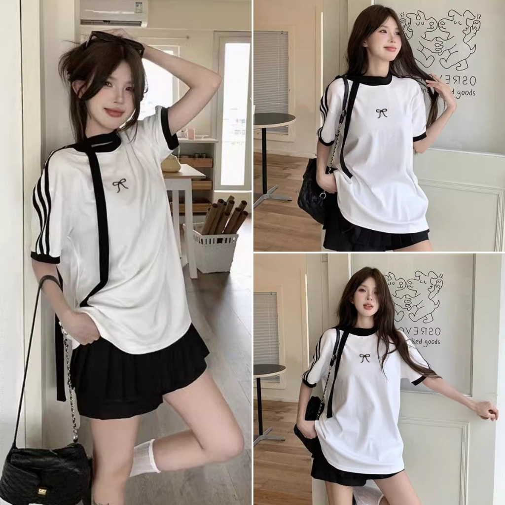Beryl🌻 เสื้อโอเวอร์ไซส์ เสื้อยืดสีขาวผู้หญิง สไตล์เกาหลี เรียบง่าย ลายทางตัดกัน ปักโบว์ ลำลองและหลวมๆ