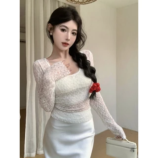 [W0280] เสื้อซีทรูลูกไม้แขนยาว คอยู สีพื้น ทรงเข้ารูป ใส่คลุม ผ้านิ่มยืดใส่สบาย ได้ลุคเเซ่บๆเซ็กซี่