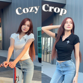 Cozy top เสื้อครอปคอเชิ้ตปักลายกางเขนลามะ